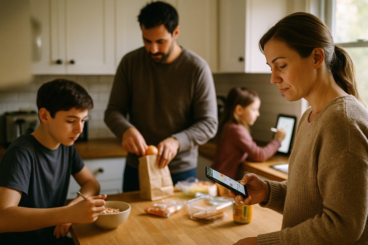 Parents and their two kids looking at the week's plan together