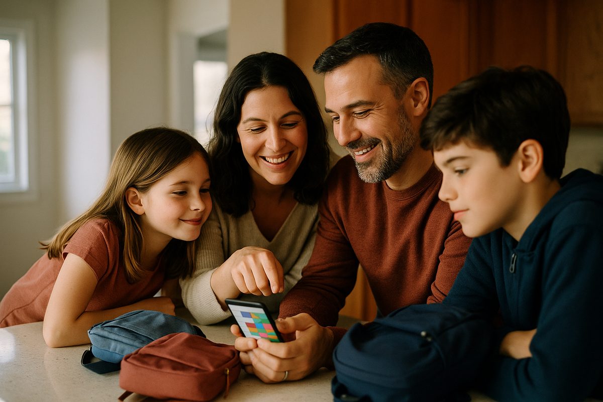 A family in their kitchen on a weekday morning, checking the day's plan together