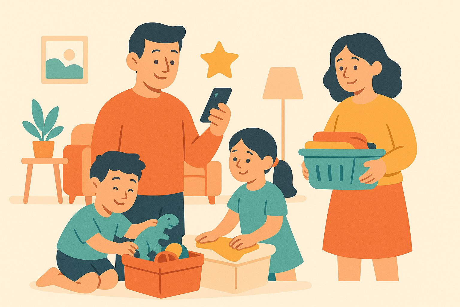 A family doing chores together at home