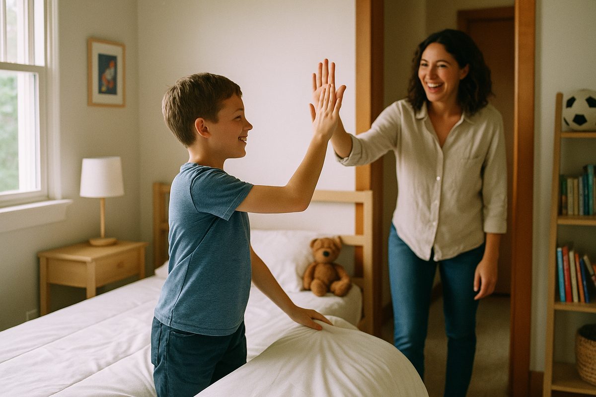 A mom giving her son a high five after he made his bed