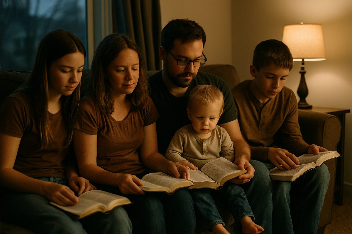 A family reading scriptures together on the couch in the evening