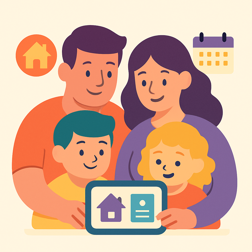 A family gathered around their home dashboard