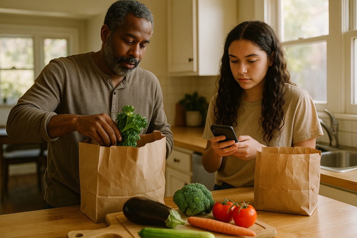 A dad and his teenage daughter unpacking groceries in their kitchen