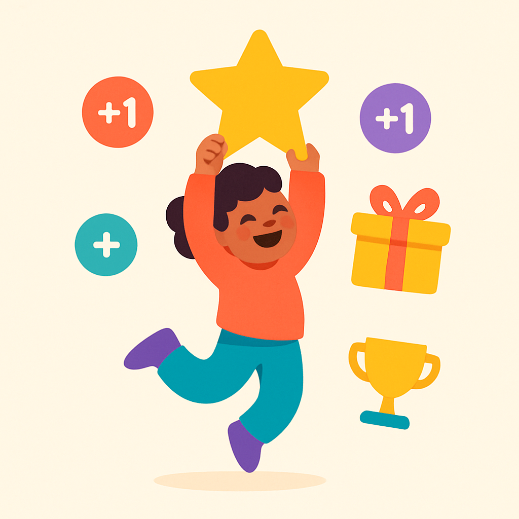 A happy child celebrating points and rewards