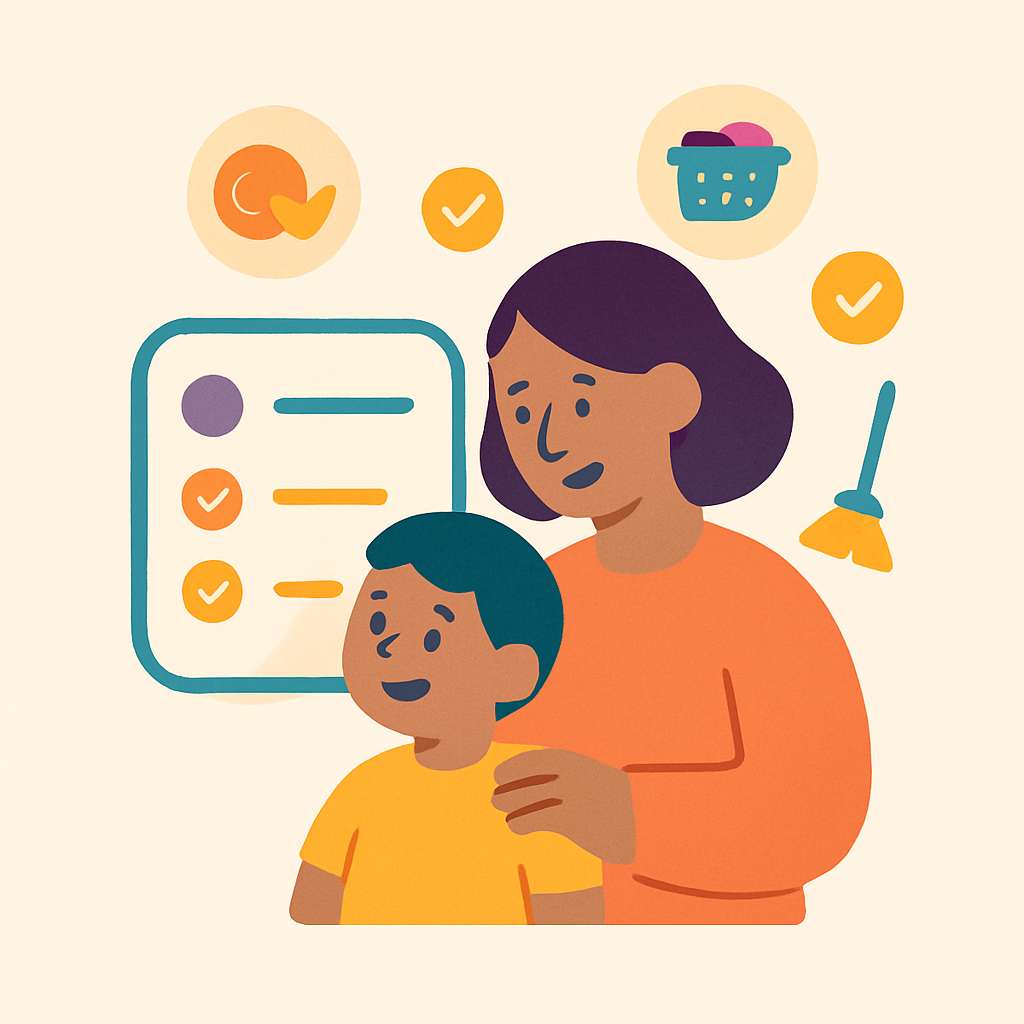 A parent and child reviewing a chore checklist